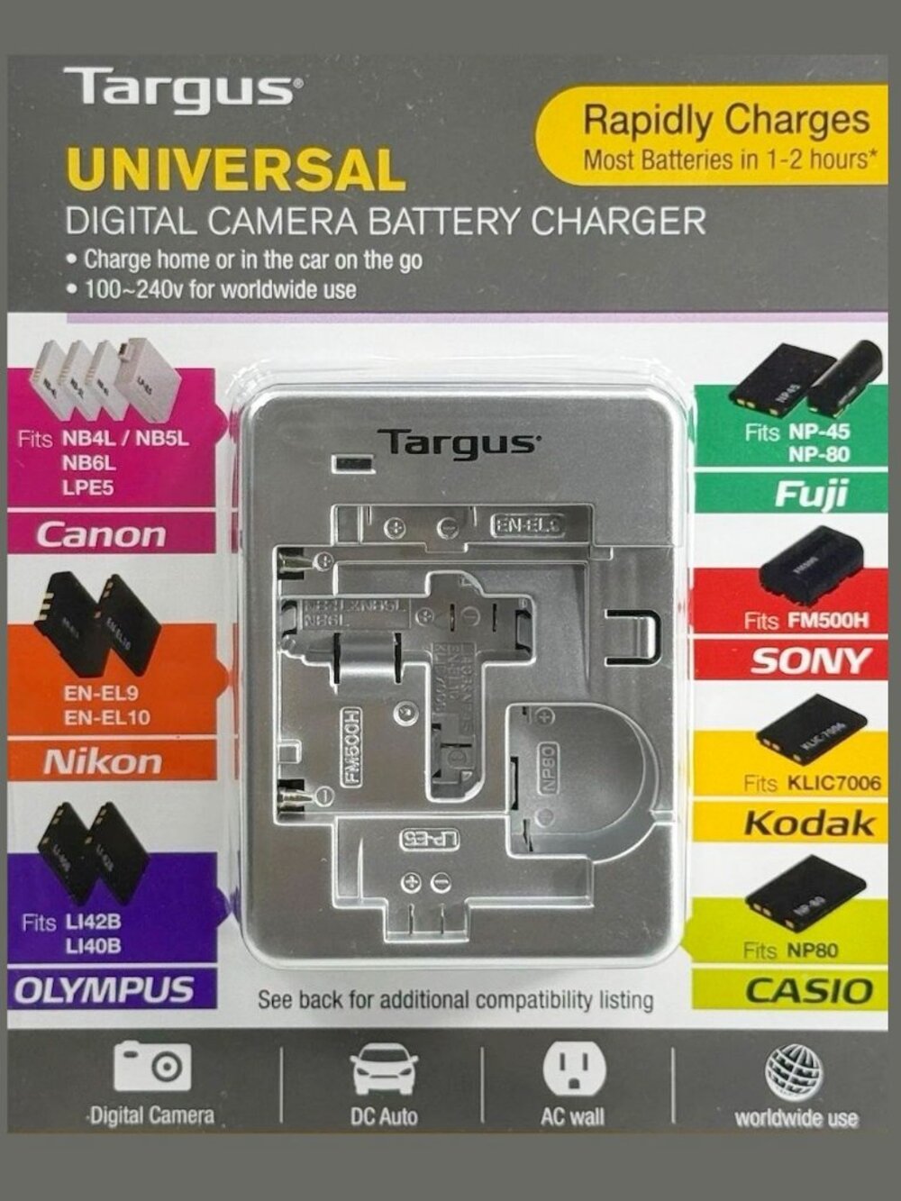 NEW TARGUS UNIVERSAL DIGITAL CAMERA BATTERY CHARGER 100-240v + DC AUTO CHARGER